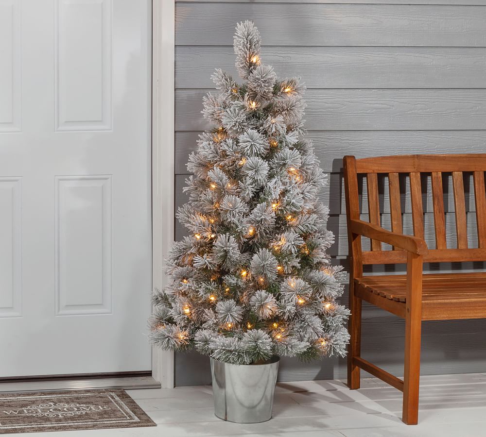 Lit Flocked Potted Faux Boise Pine Tree