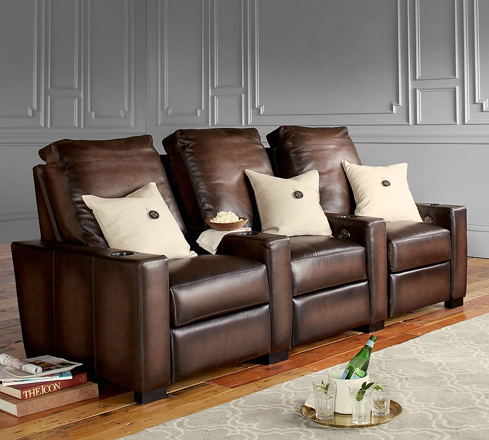 Turner Square Arm Leather Media Chair - Row of 3