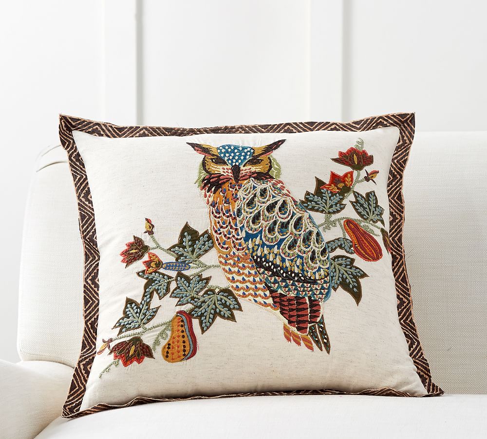 Owl Embroidered Pillow Cover