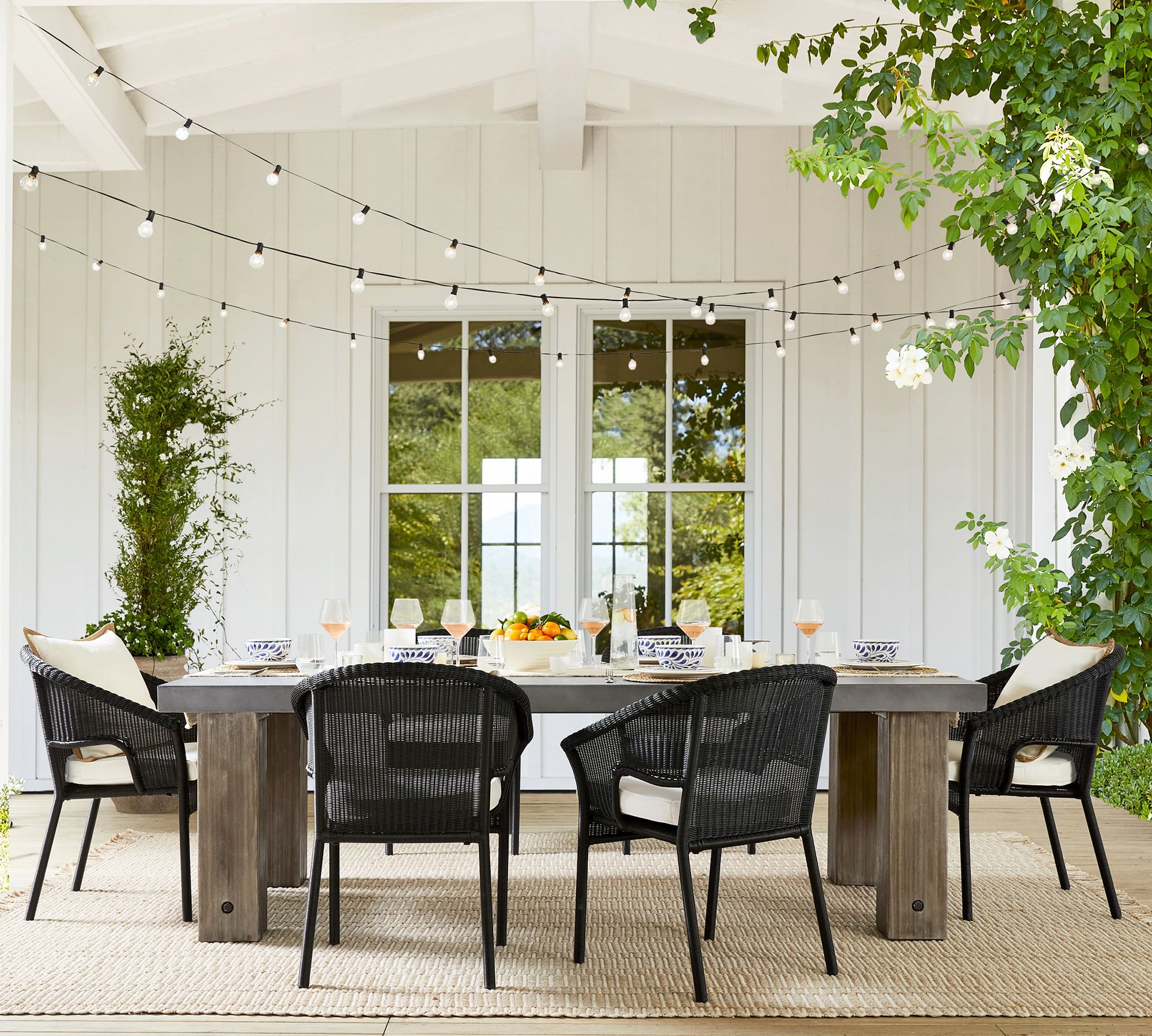 Abbott Concrete & Acacia Chunky Leg Dining Table + Palmetto Wicker Stacking Armchair Dining Set