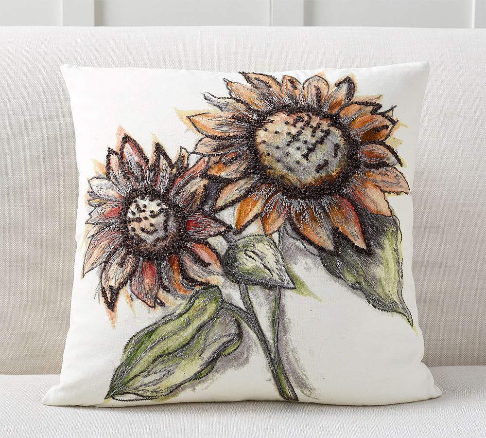 Bold Sunflower Embroidered Pillow Cover