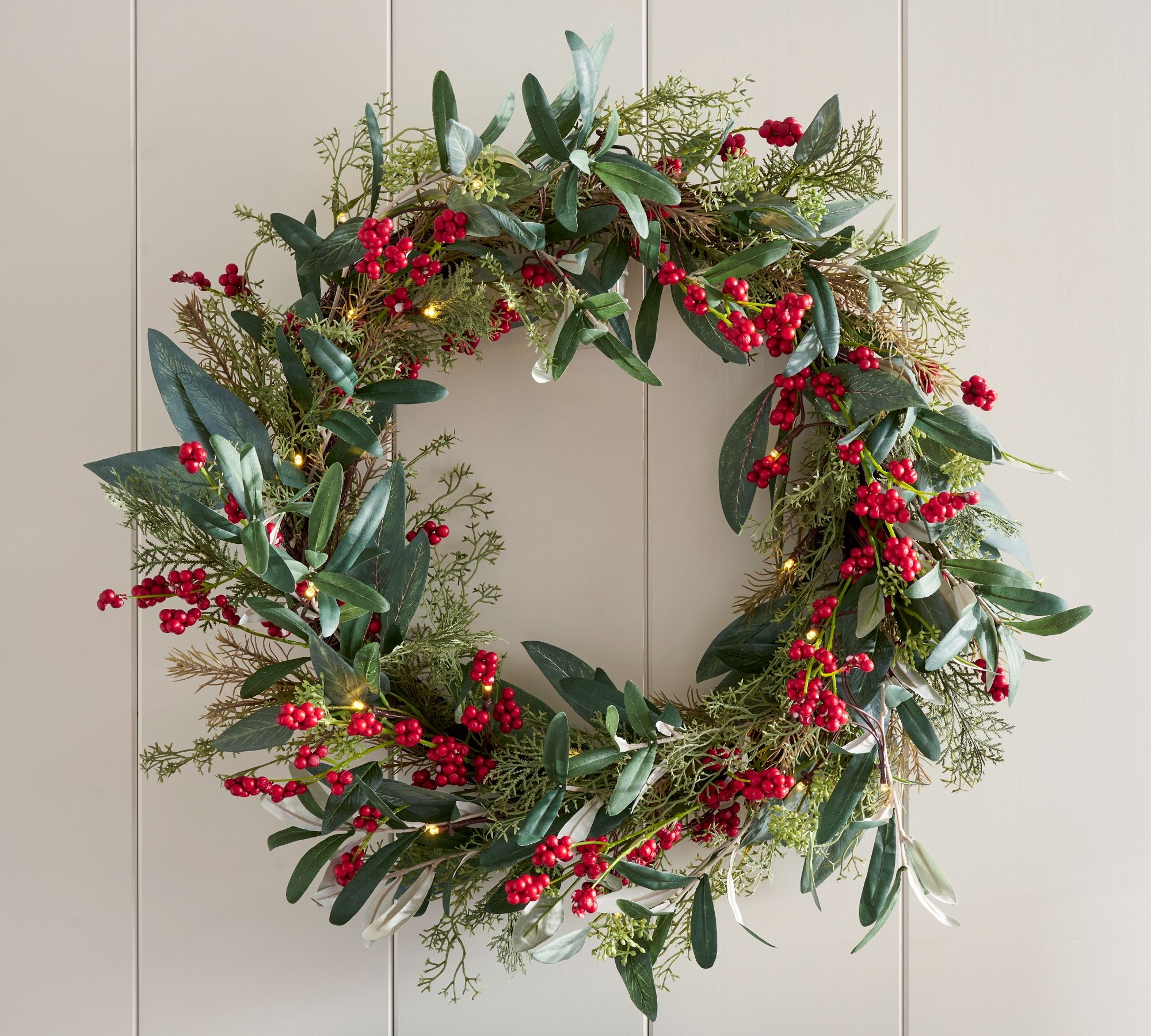 Lit Faux Eucalyptus and Berry Wreath & Garland