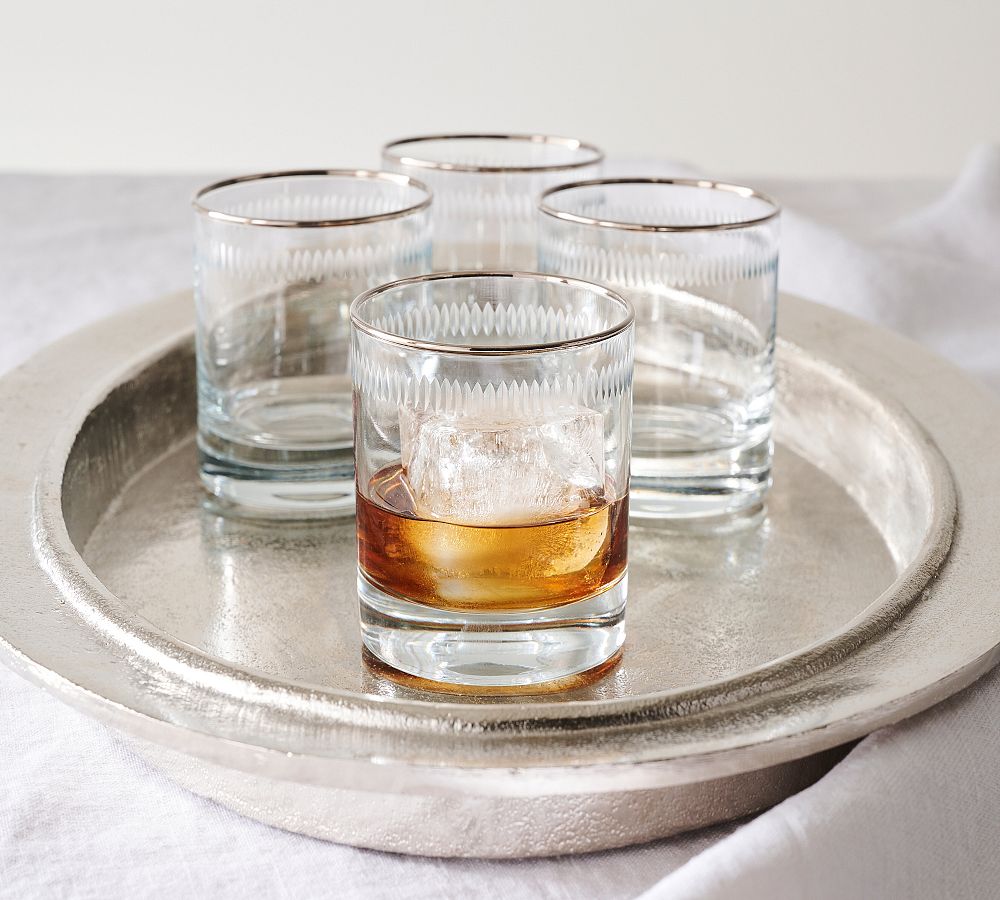 Etched Silver Rim Double Old Fashioned Glasses - Set of 4