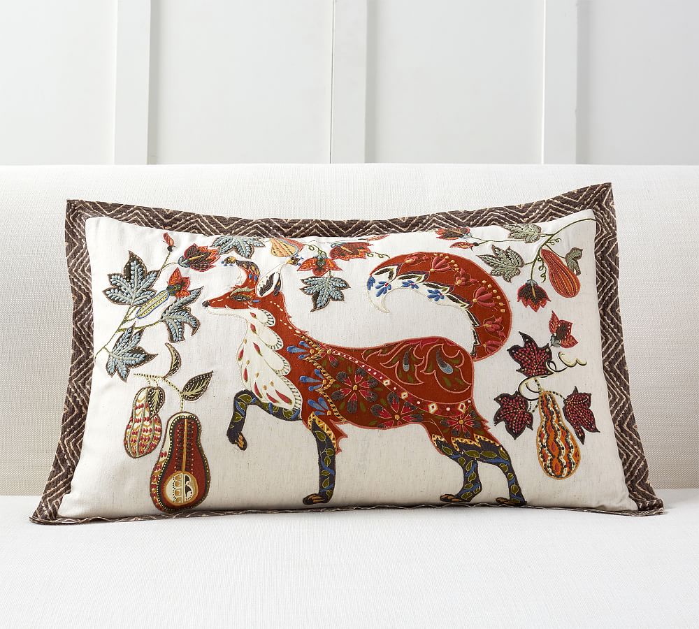 Fox Embroidered Lumbar Pillow Cover