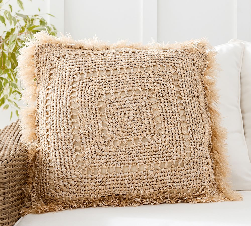 Faux Natural Fiber Crochet Fringe Outdoor Pillow
