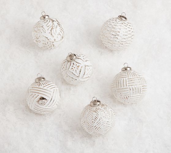 White & Silver Glass Ball Ornaments - Set of 6