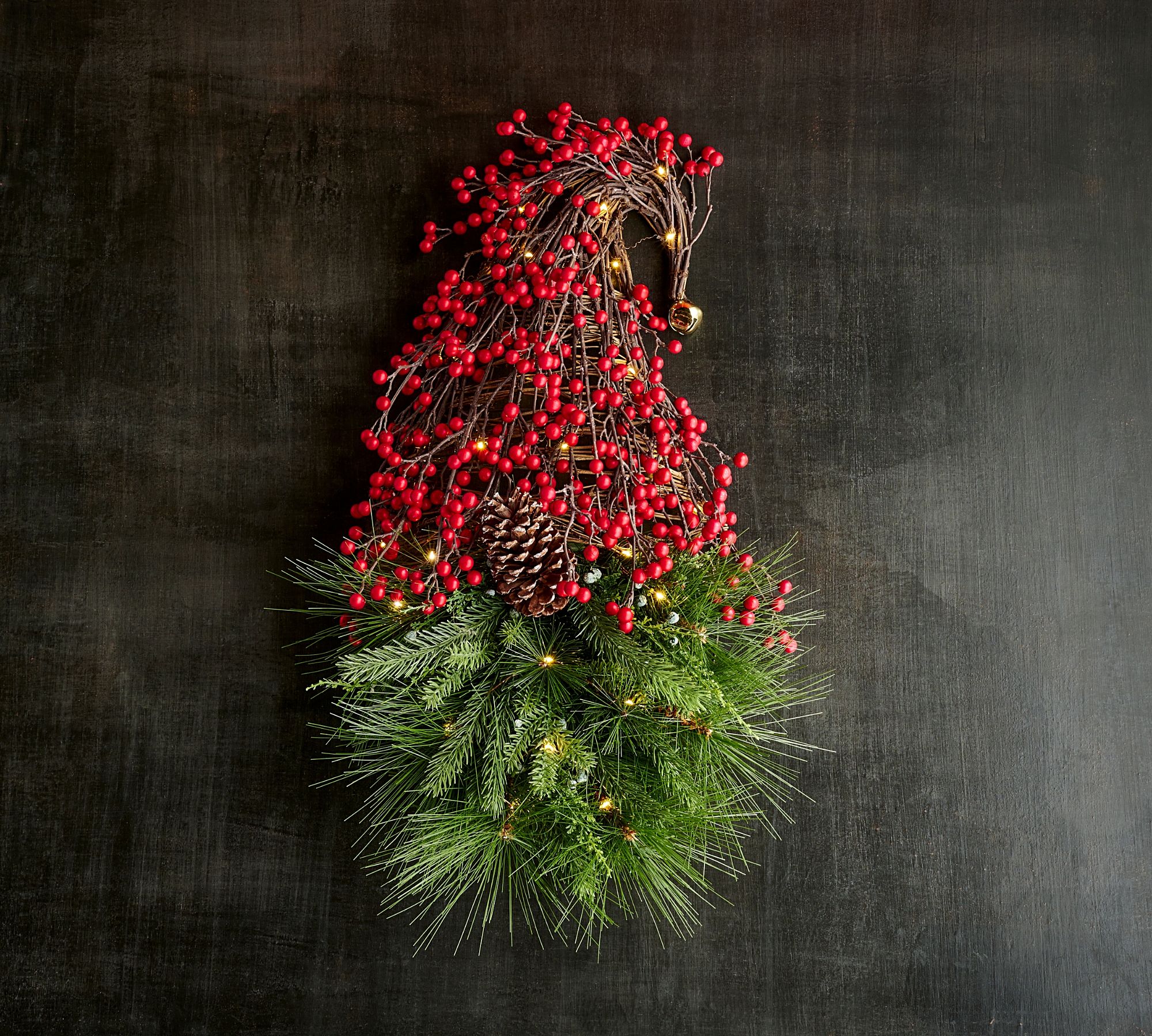 Lit Faux Pine & Berries Gnome Wreath