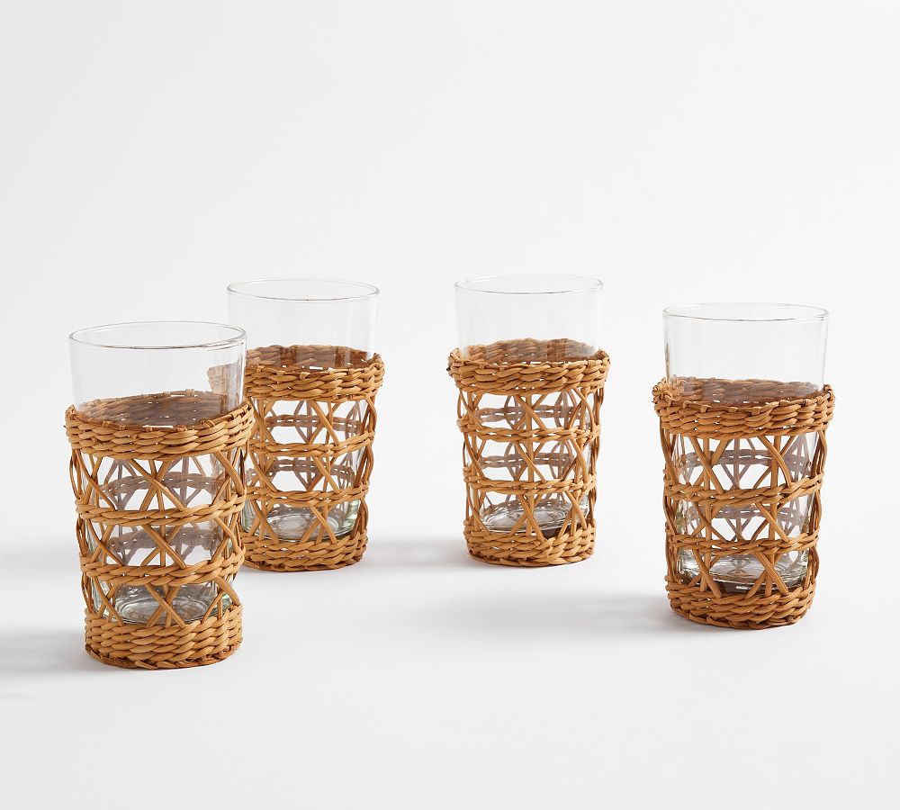 Handwoven Wicker and Glass Tumblers - Set of 4