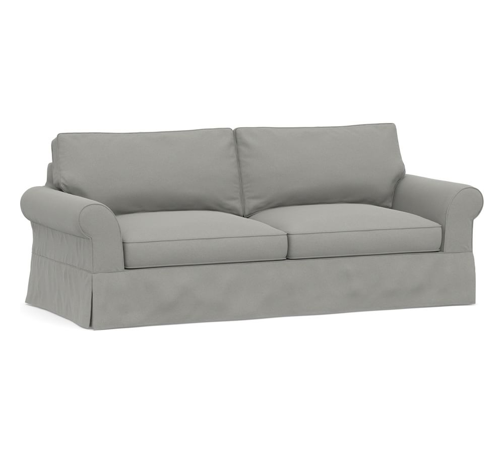 PB Comfort Roll Arm Slipcovered Sleeper Sofa 2x2, Box Edge Memory Foam Cushions, Performance Everydaysuede™Metal Gray
