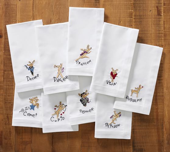 Santa's Reindeer Embroidered Napkins, Set of 9 Assorted Pottery Barn
