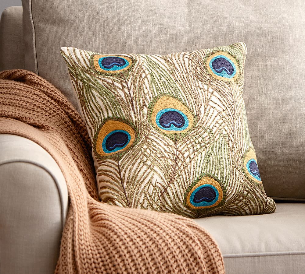Peacock Feather Embroidered Pillow