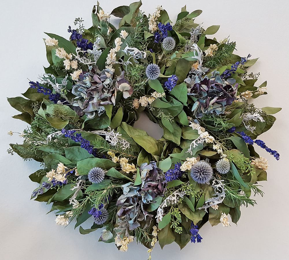 Dried Hydrangea, Larkspur &amp; Echinops Wreath