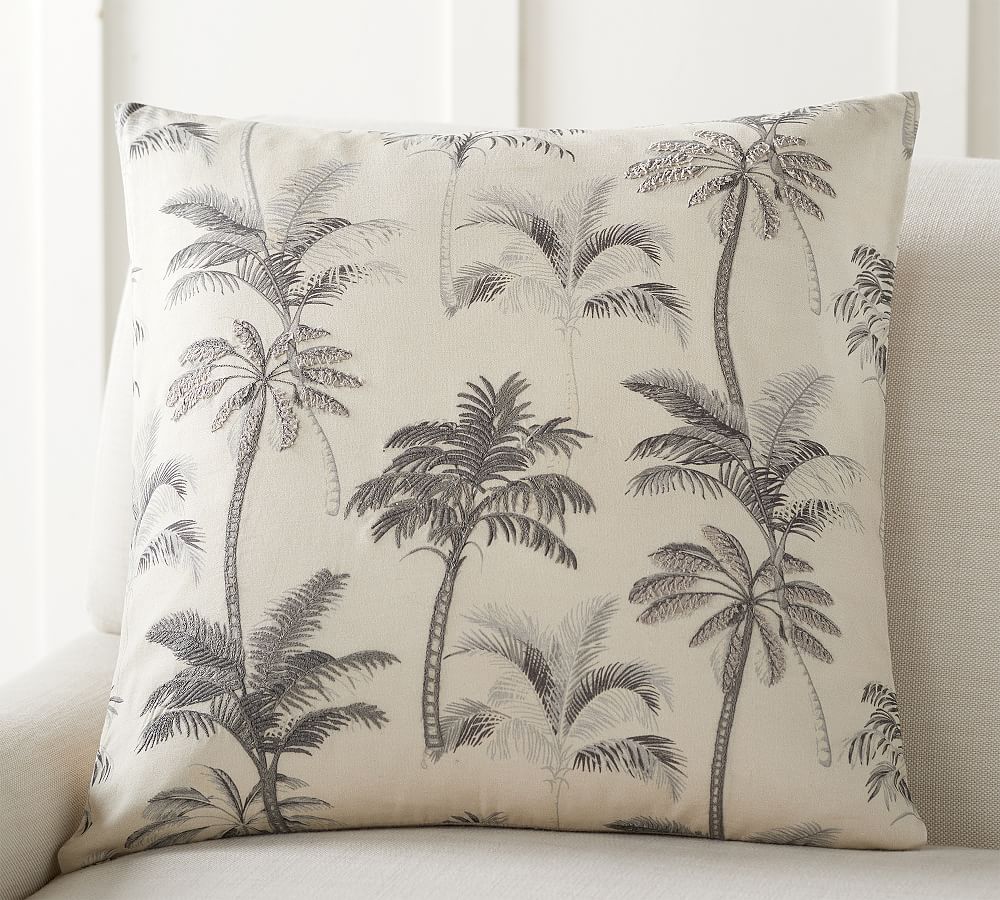 Gray Palm Embroidered Pillow Cover