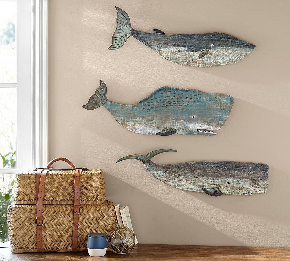 Painted Wood Whales Wall Art Set