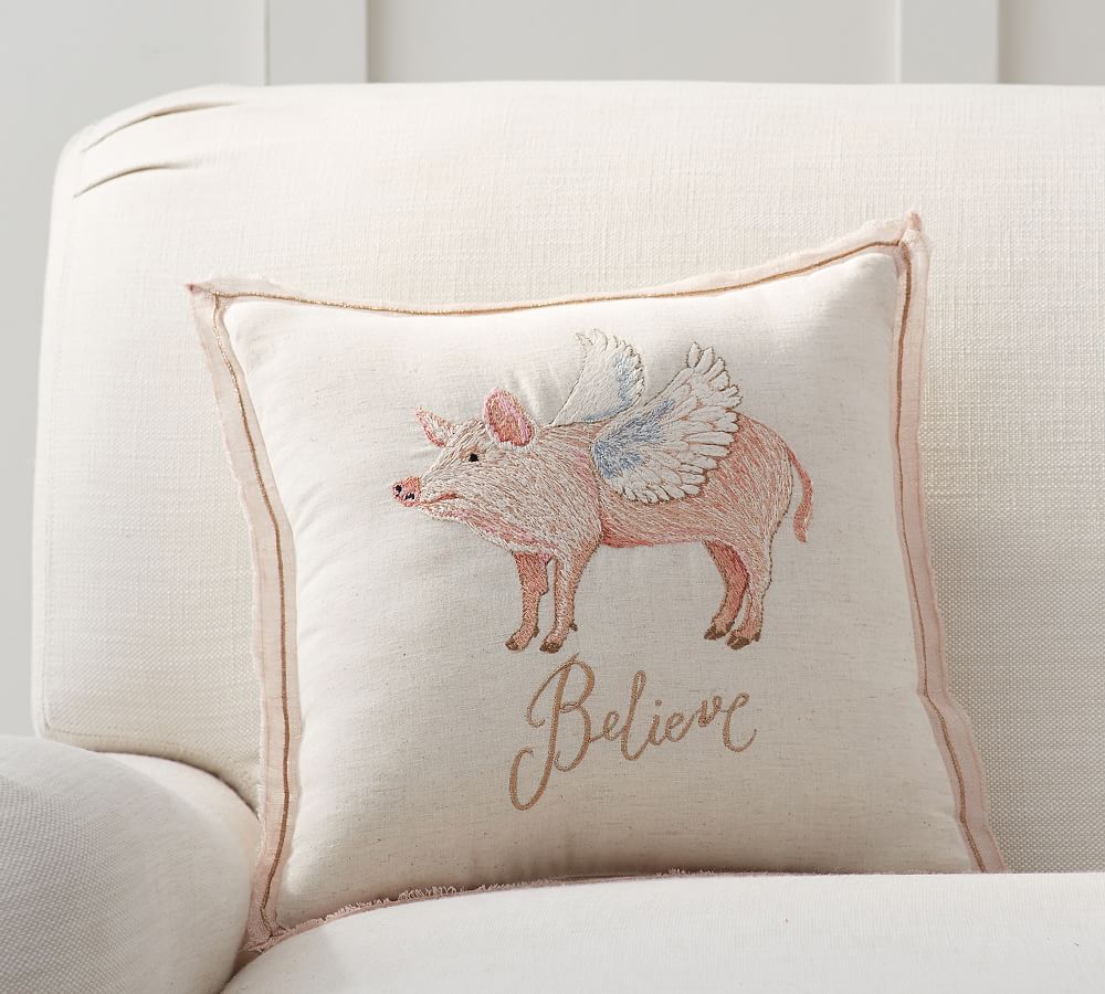 Flying Pig Embroidered Pillow