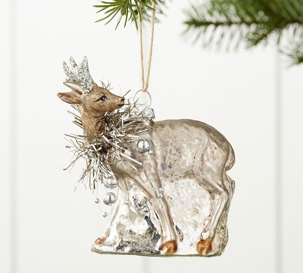 Mercury Glass Tinsel Reindeer Ornament