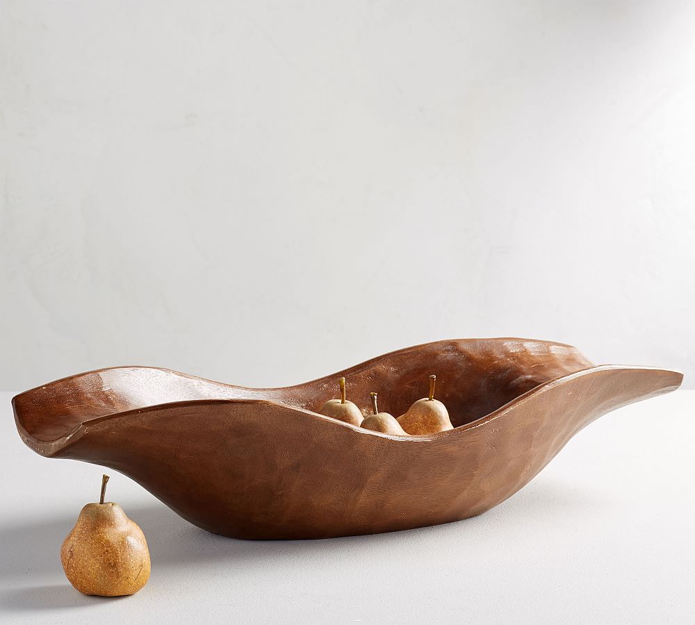 Vintage Acacia Wood Carved Curved Bowl
