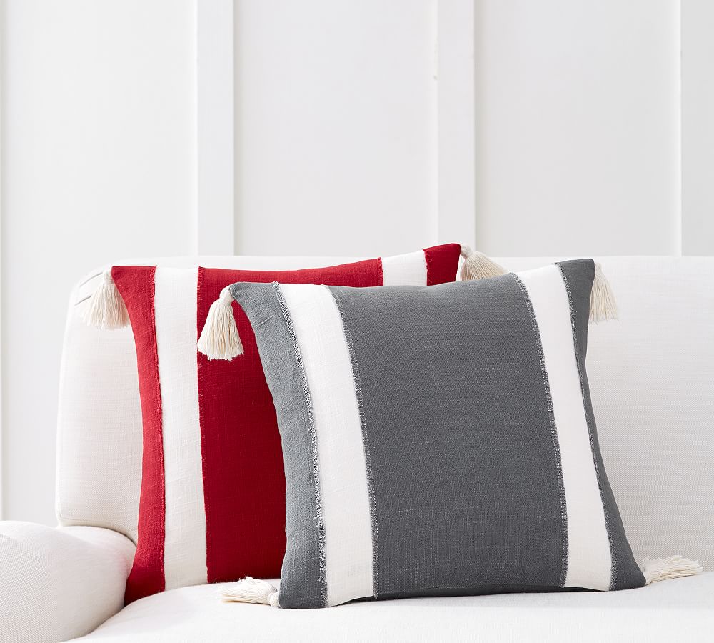 Pieced Striped With Pom Poms Pillow Cover