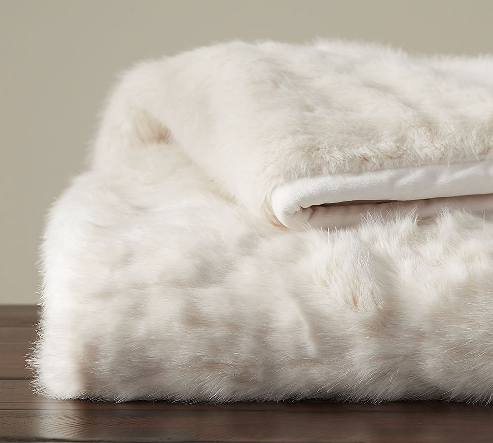 Gathered Faux Fur Throw Blanket - Ivory