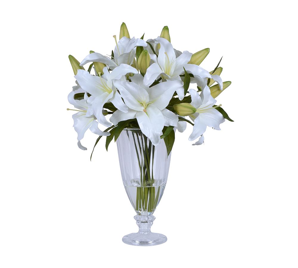 Faux White Lilies In Tall Glass Vase