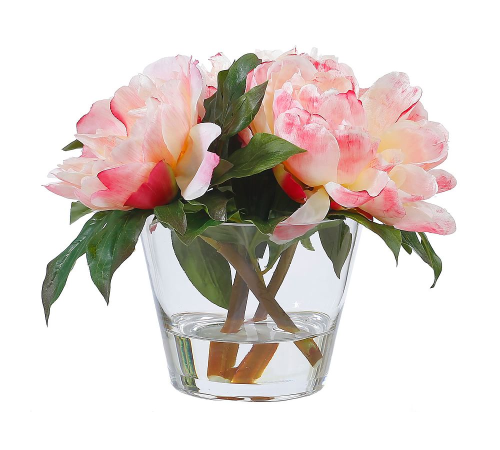 Faux Peonies in Round Glass Vase