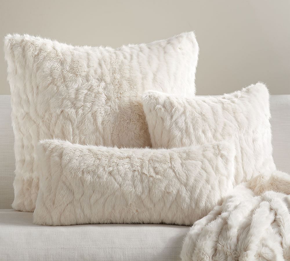 Gathered Faux Fur Pillow Cover - Ivory