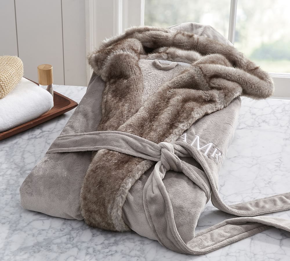 Faux Fur Hooded Bath Robe - Gray Tipped Alpaca