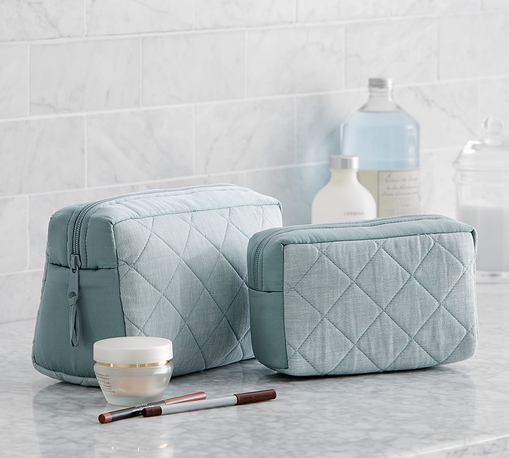 Quilted Linen &amp; Silk Cosmetic Bags, Set of 2