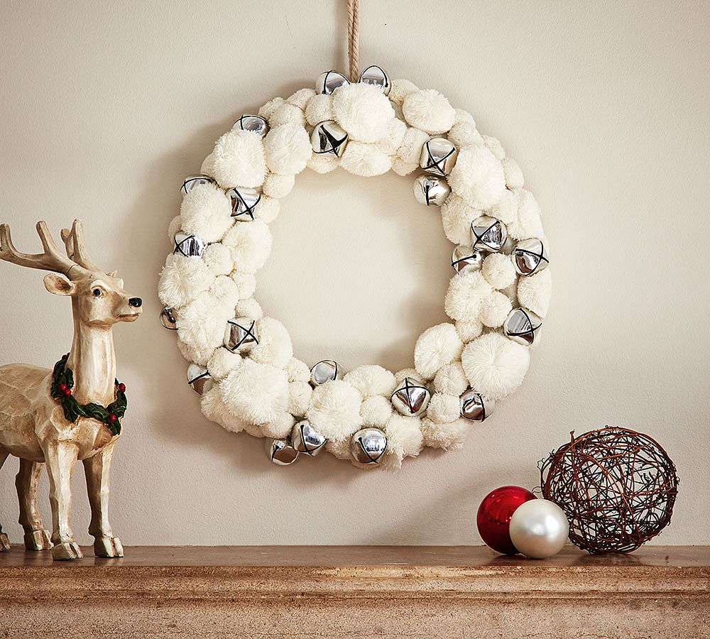 White Pom &amp; Silver Bell Wreath