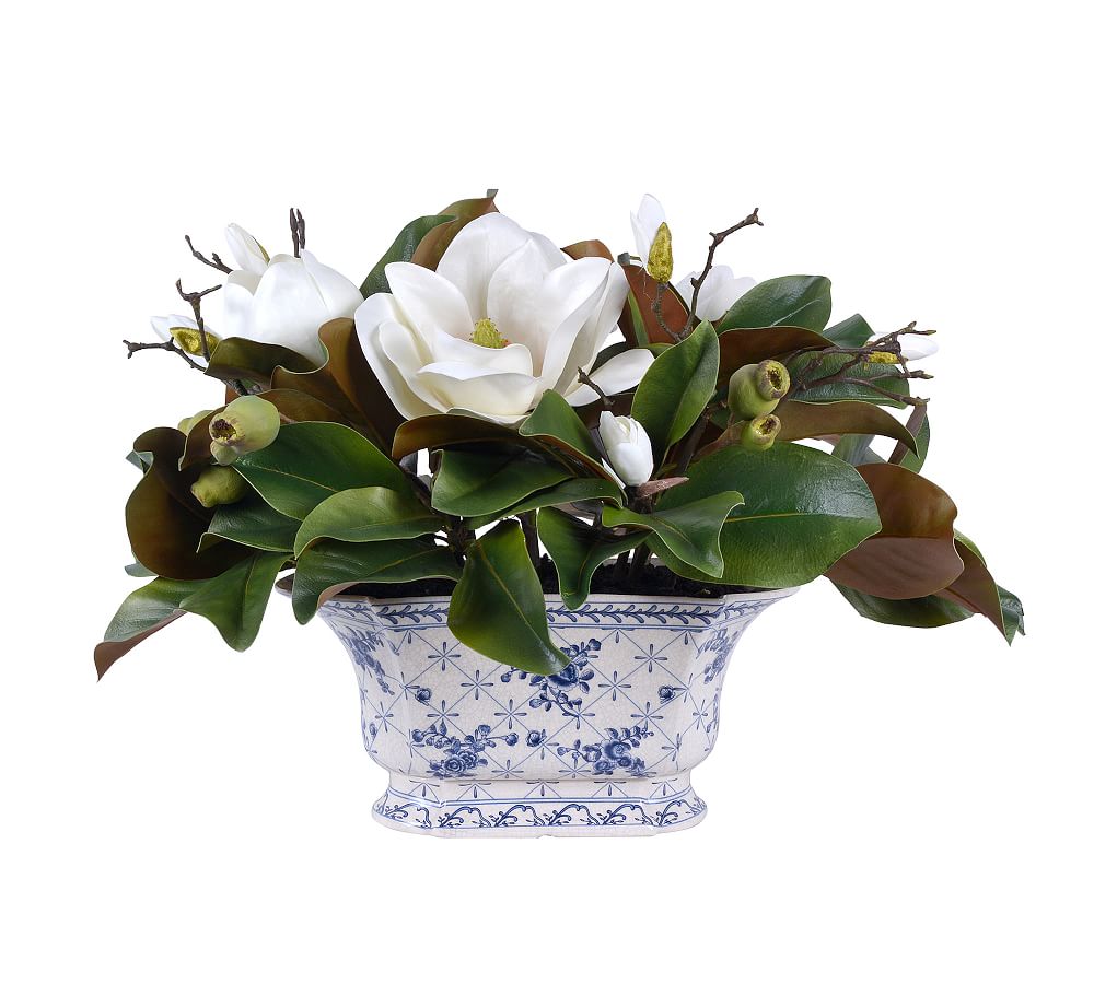 Faux Magnolias in Ceramic Pot