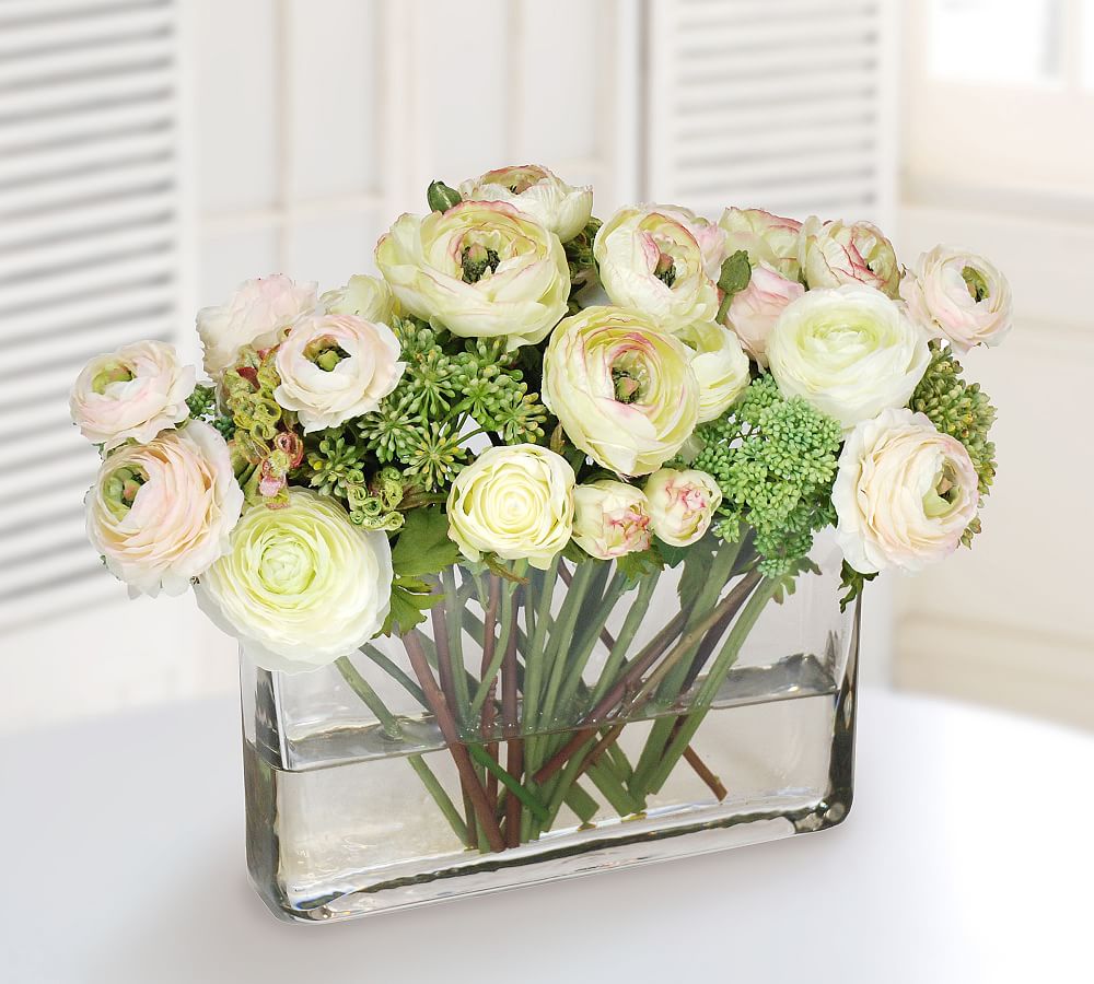 Faux Ranunculus &amp; Rose Mix in Glass Rectangle Vase
