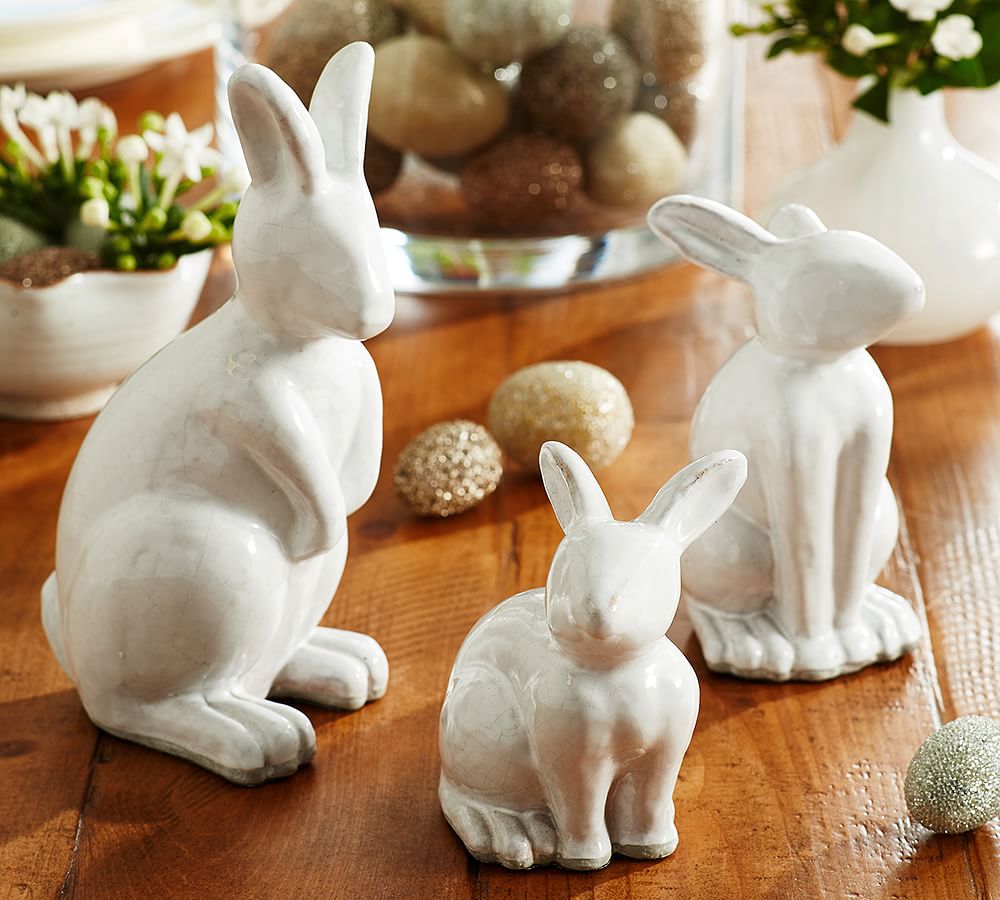 Pair Of Rustic Ceramic Bunnies