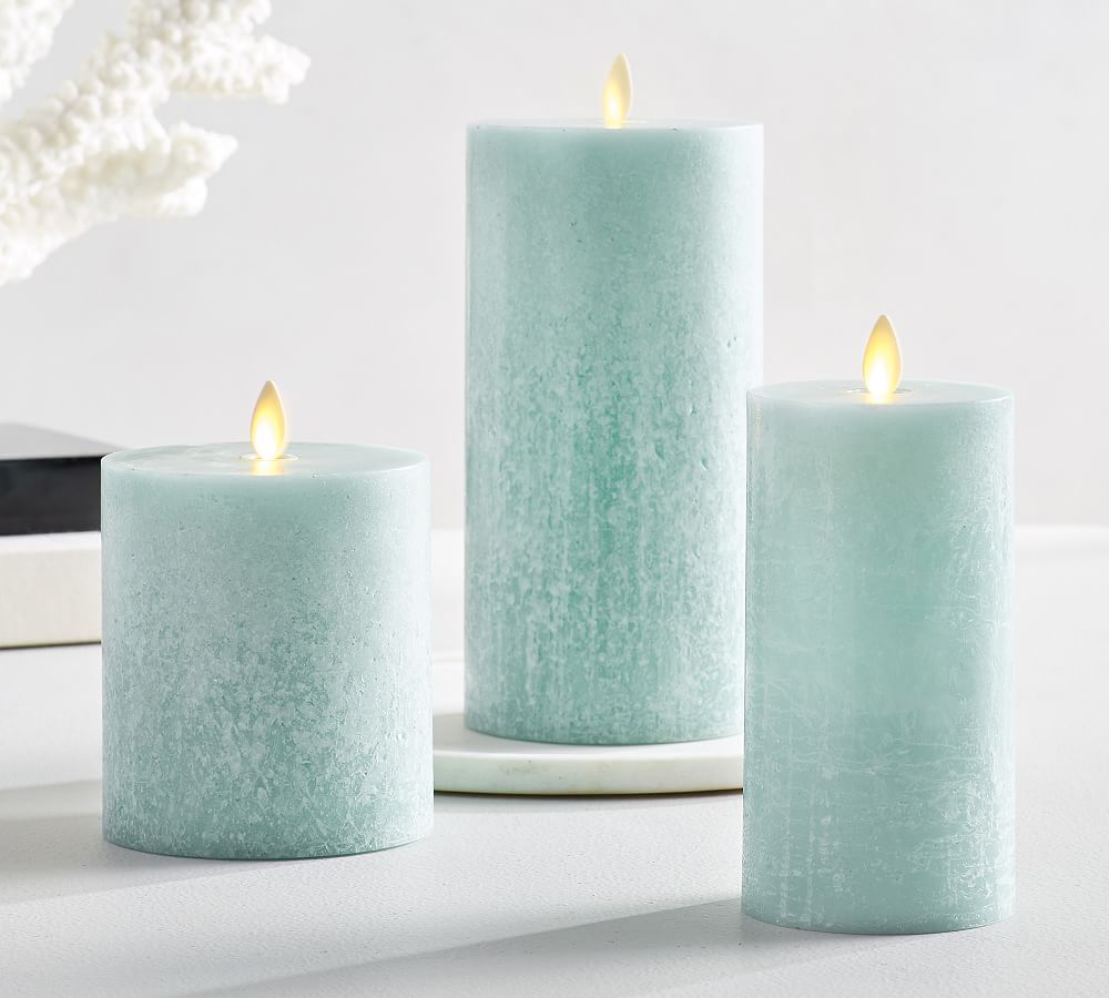 Premium Flickering Flameless Wax Pillar Candles - Sea Glass