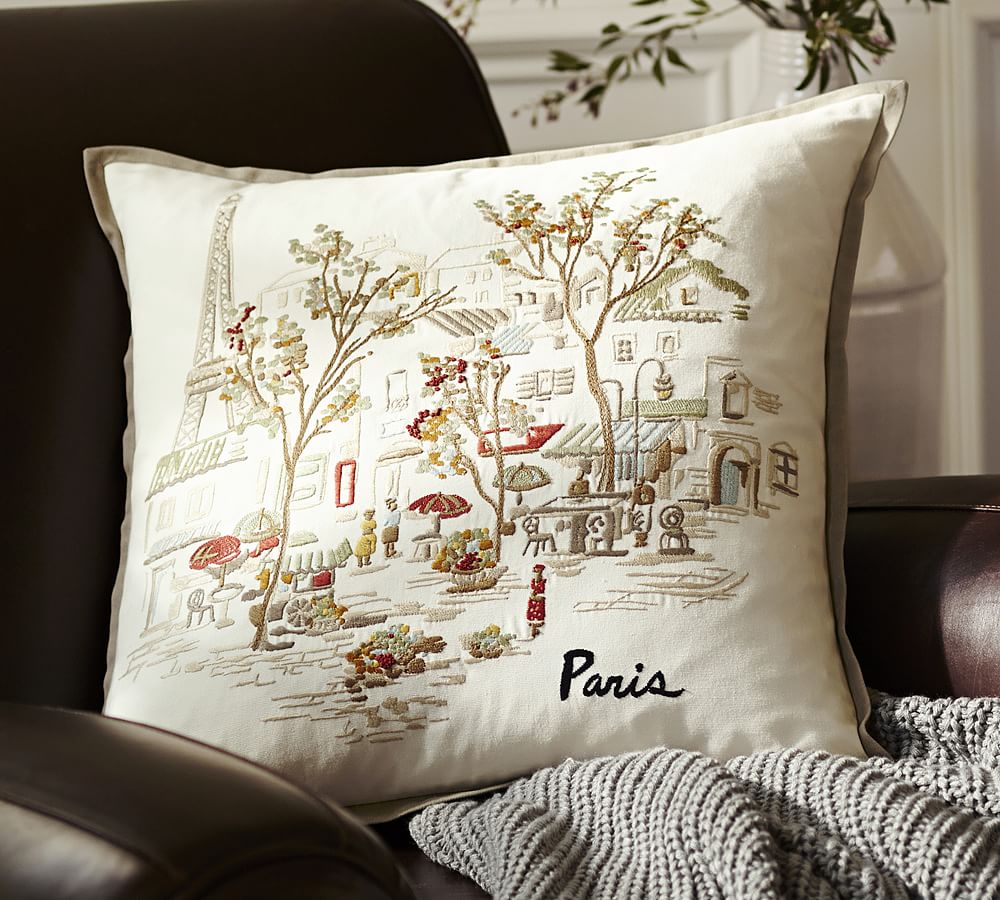 Paris Embroidered Pillow Cover