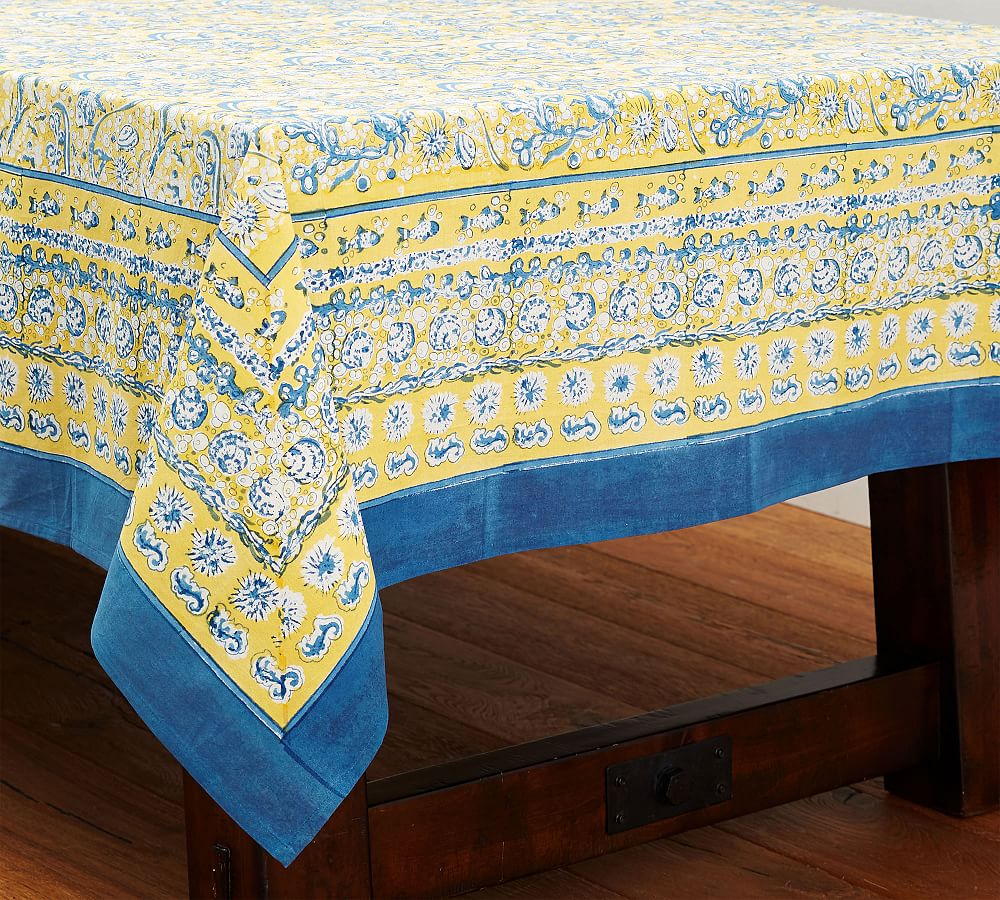 La Mer Block Print Cotton Tablecloth