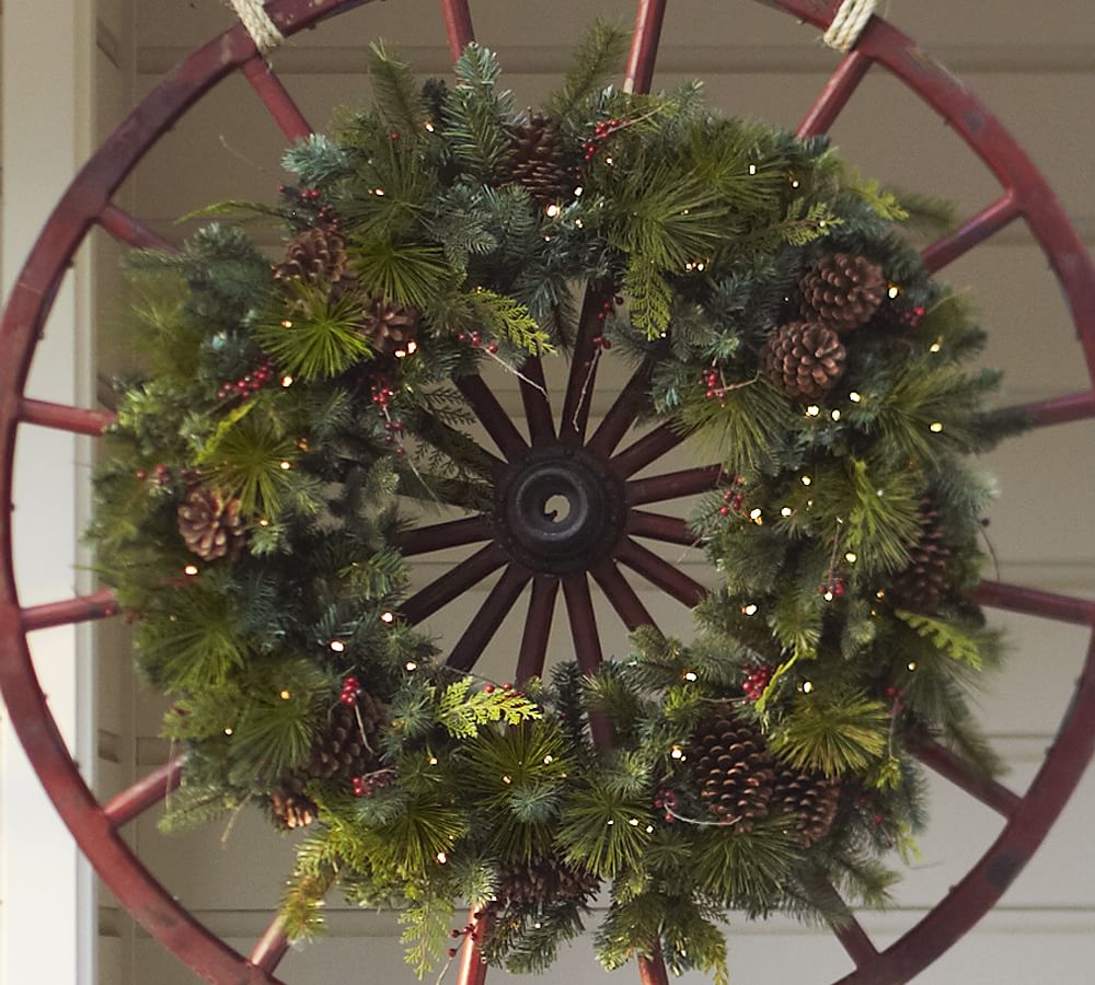 Lit Faux Pine & Red Berry Wreaths | Pottery Barn