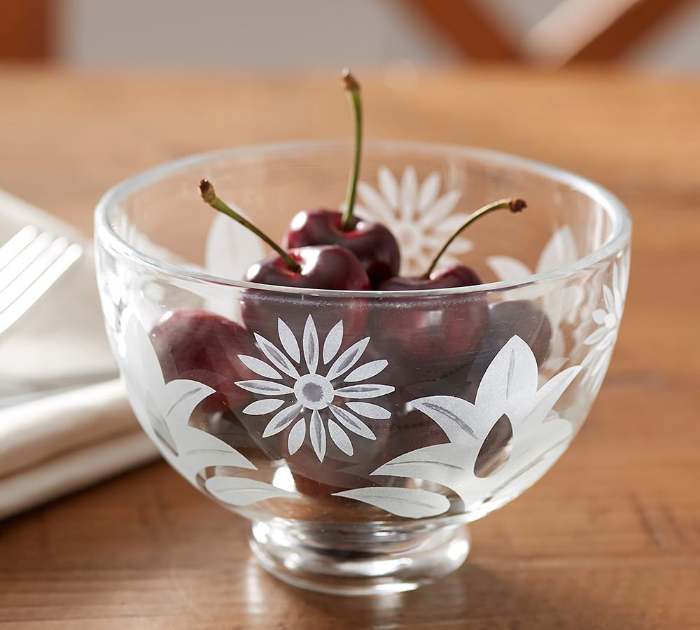 Veranda Floral Hand-Etched Glass Bowl, Set of 4