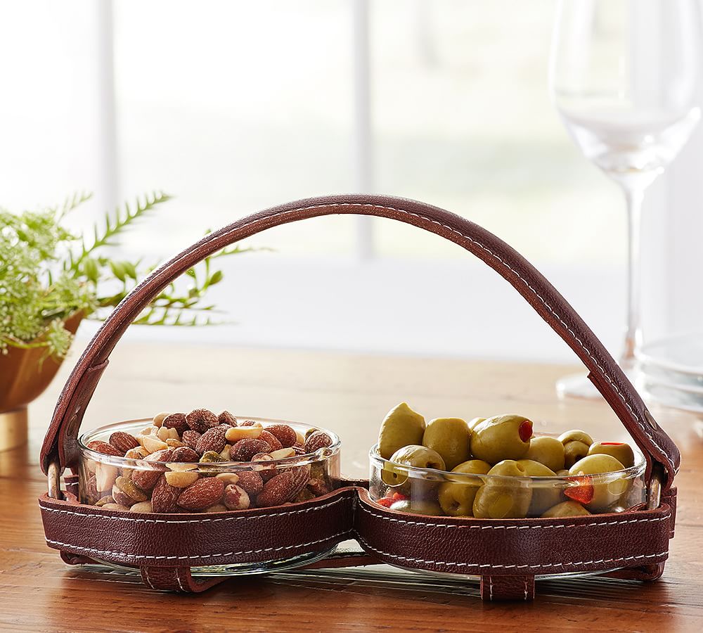 Personalized Saddle Leather Double Snack Bowl