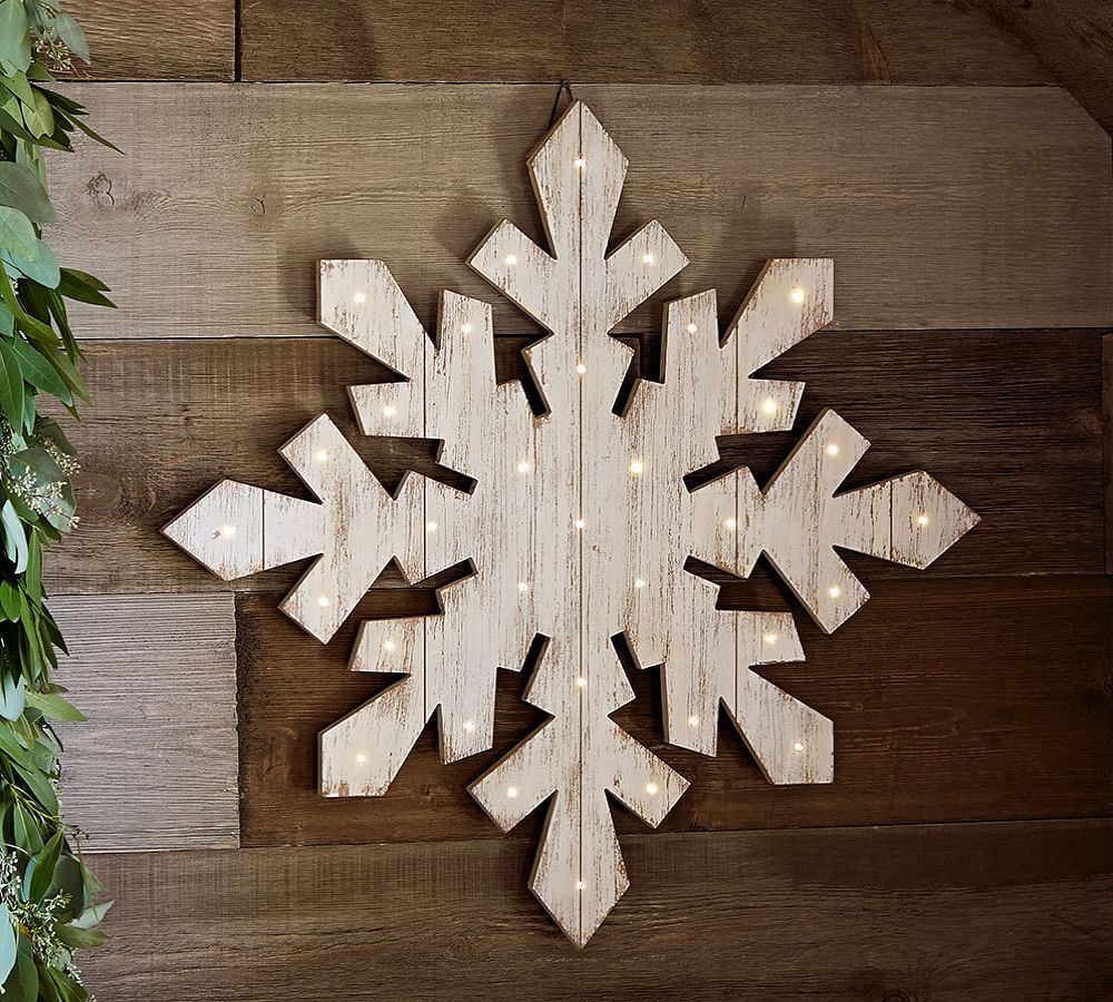 Lit White Wash Wood Snowflake