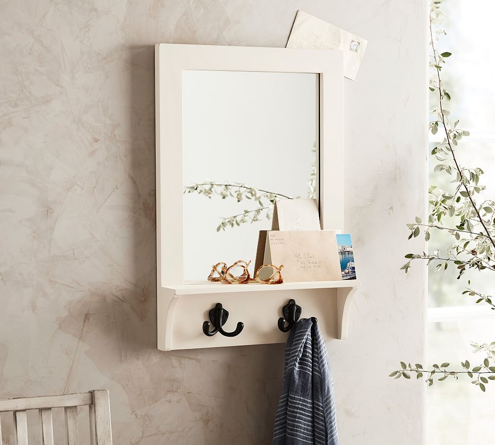 Wade Entryway Mirror with Hooks - Almond White