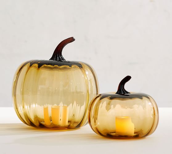 Colored Recycled Glass Pumpkin Cloche Amber Candle Holder Pottery