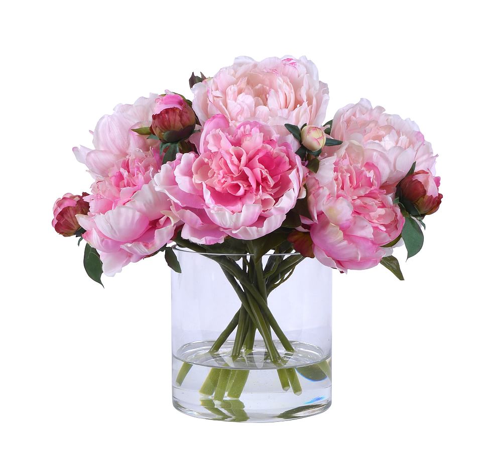 Faux Pink Peonies In Glass Vase