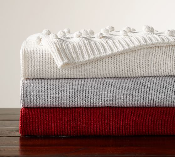 Mini Pom Pom Knit Throw Blanket Pottery Barn
