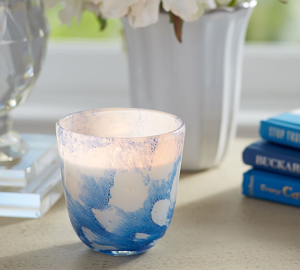 Blue &amp; White Swirled Glass Scented Candle Pot