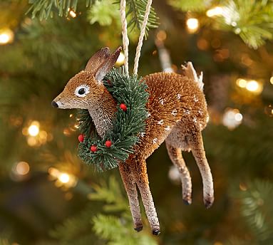 Bottlebrush Deer with Wreath Christmas Ornament | Pottery Barn