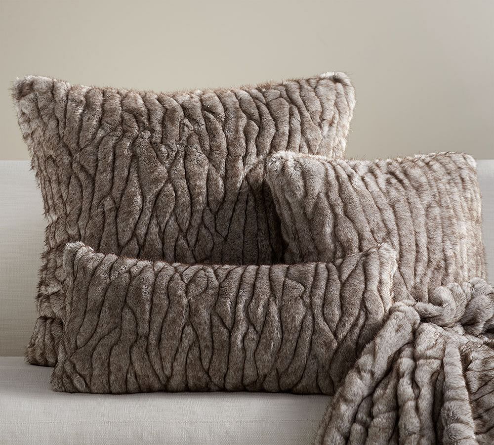 Gathered Faux Fur Pillow Cover - Taupe