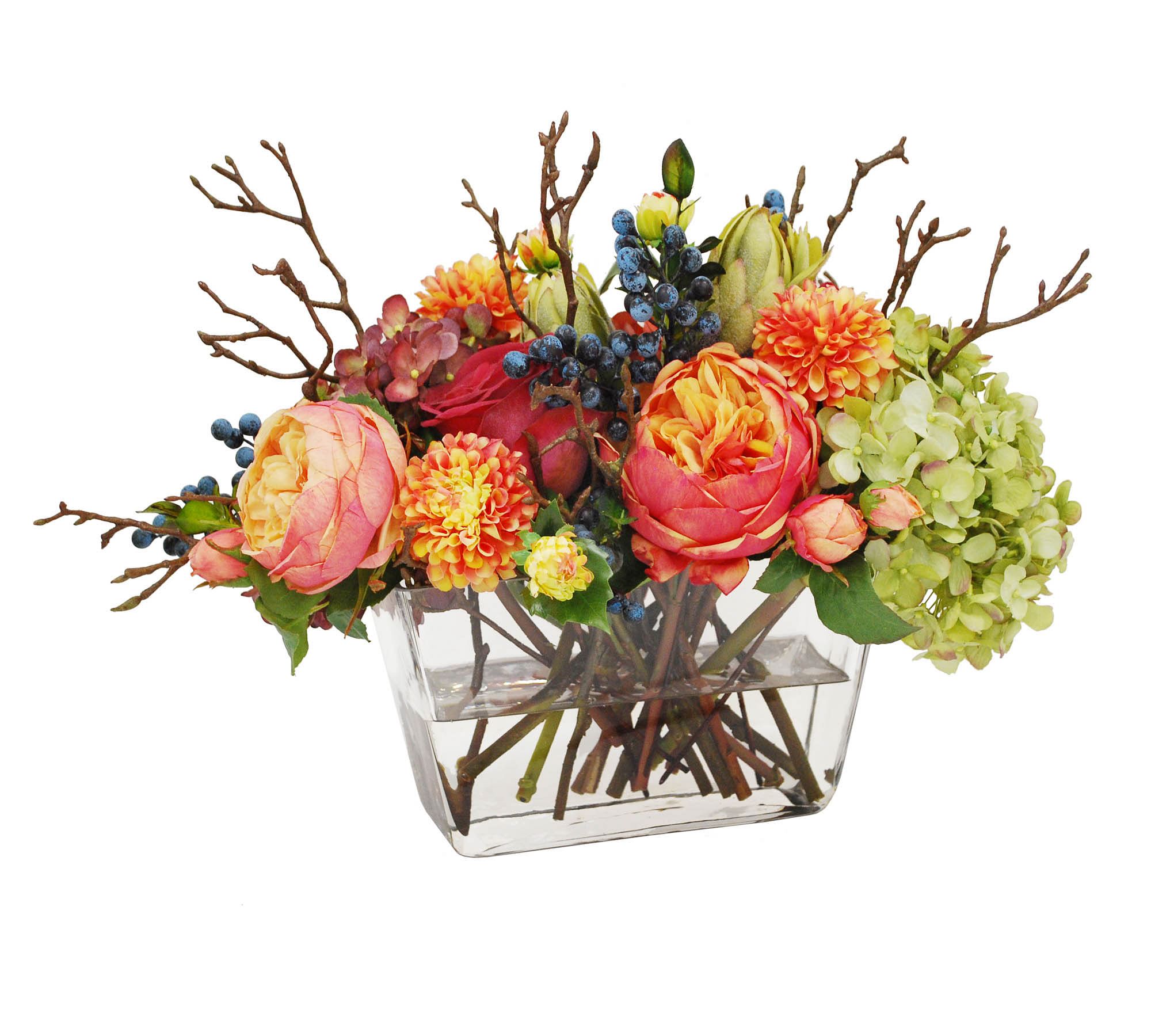 Faux Mixed Fall Hydrangea and Rose in Square Vase