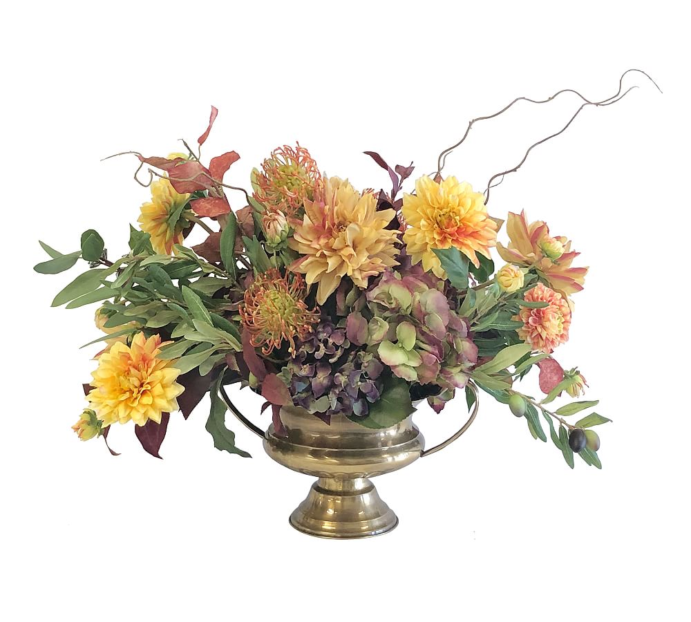 Faux Dahlia &amp; Pincushion Protea Arrangement in Footed Vase
