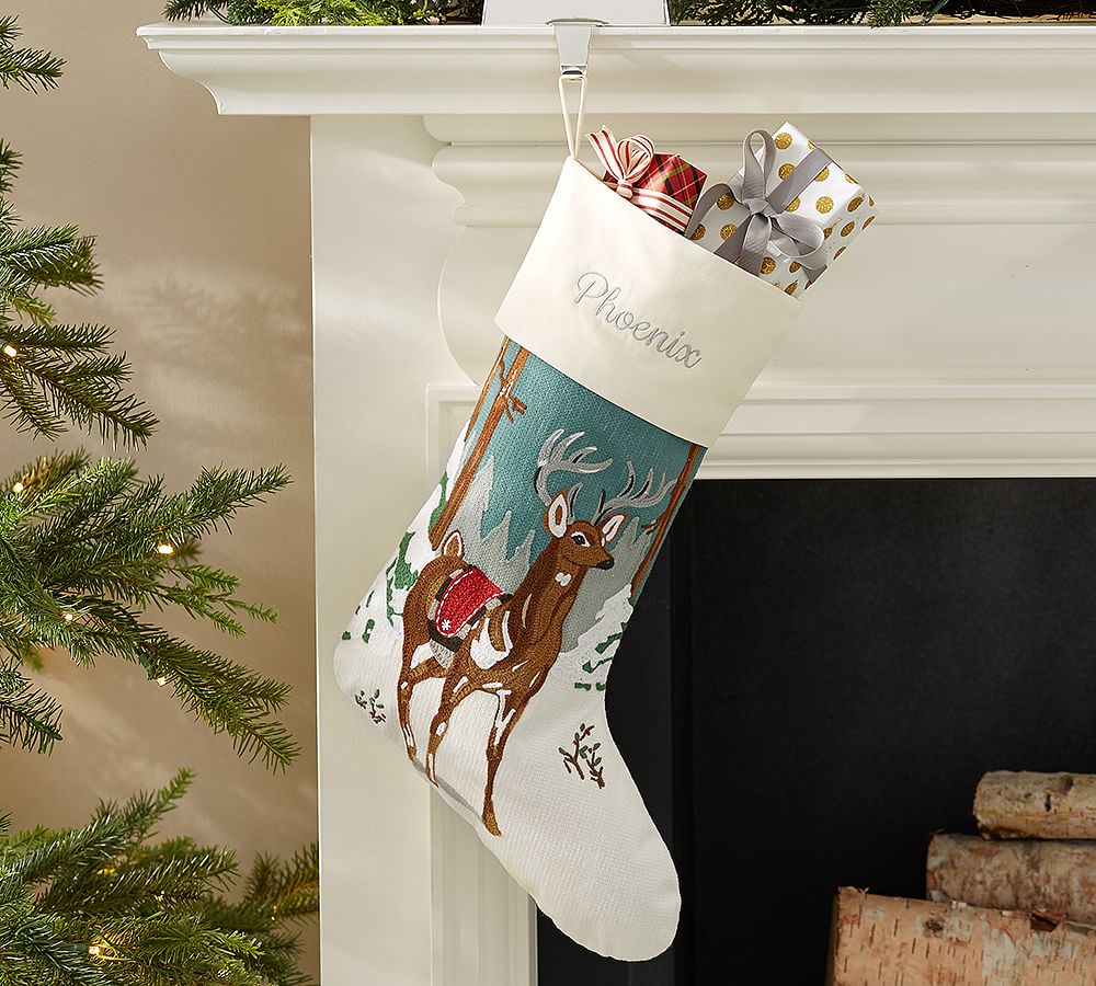 Whimsical Crewel Embroidered Stocking - Forest Deer
