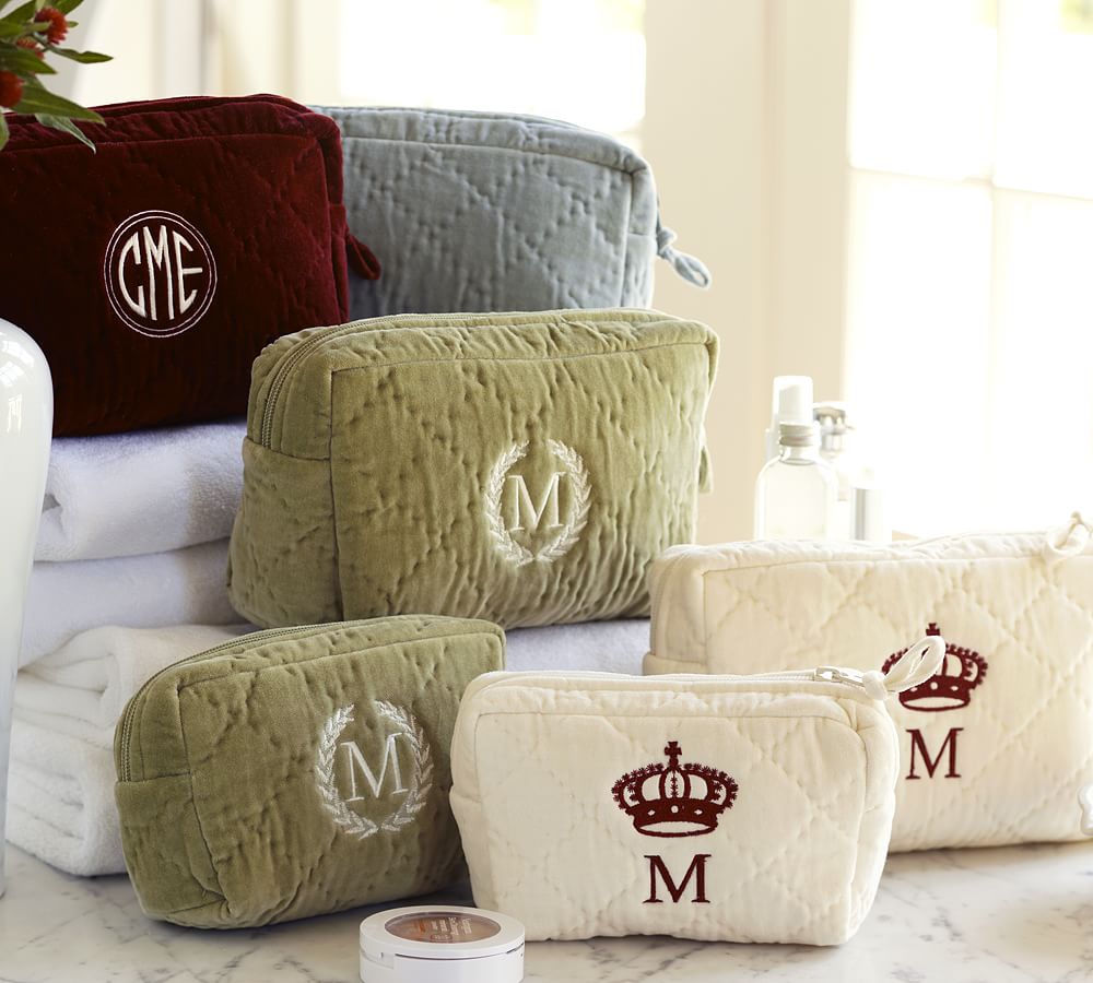 Diamond Quilted Velvet Cosmetic Bags, Set of 2